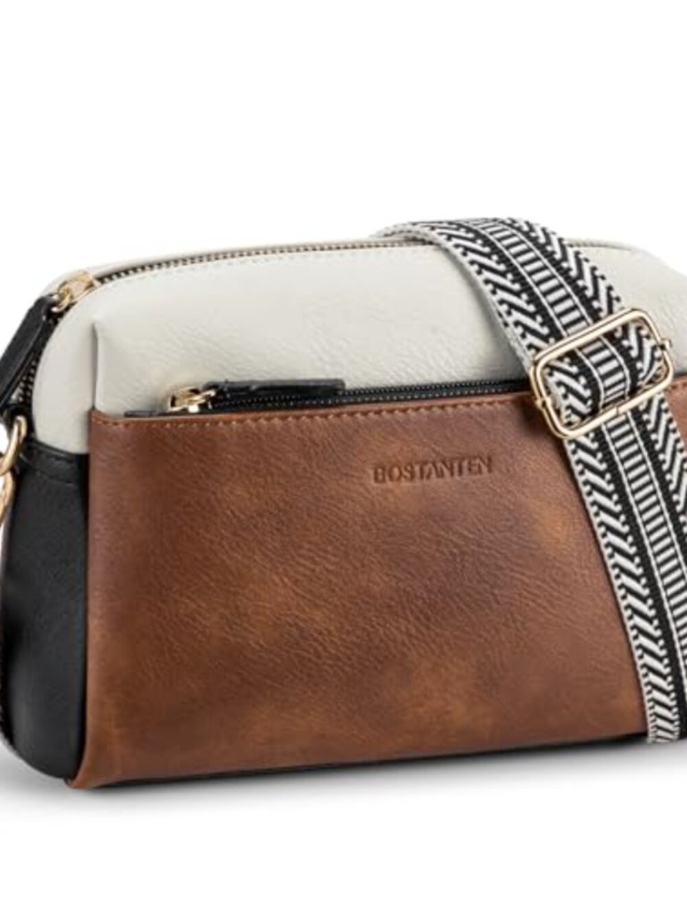 Small Vegan Leather Crossbody Bag Wide Guitar Strap Multi-Pocket Purse